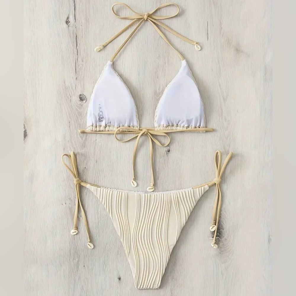 Beige Ribbed Halter Shell Ties Bikini Set - Picture 6 of 8